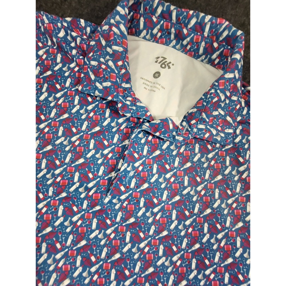 1764 Golf Polo Shirt Men Medium All Over Print Wine Blue Short Sleeve